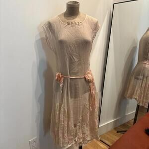 Antique 1920s Sheer Pink Silk & Lace Dress with Floral Ribbon Belt - Vintage 20s